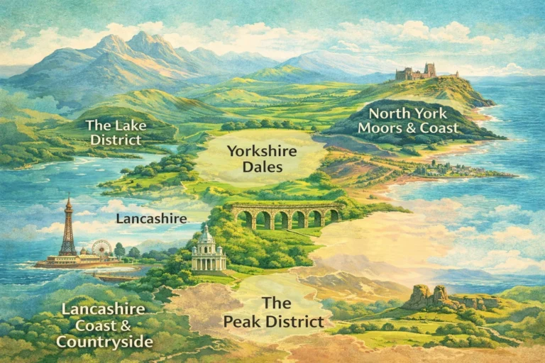 Map-style illustration showing Cumbria, Lancashire, and the Yorkshire Dales up to derbyshire and scotland with scenic holiday let landscapes, representing areas covered by Holiday Let Compliance