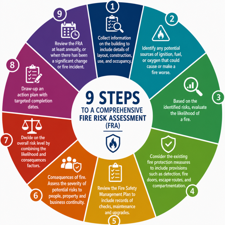 Infographic showing 9 steps to a comprehensive fire risk assessment, from collecting building information to annual review.